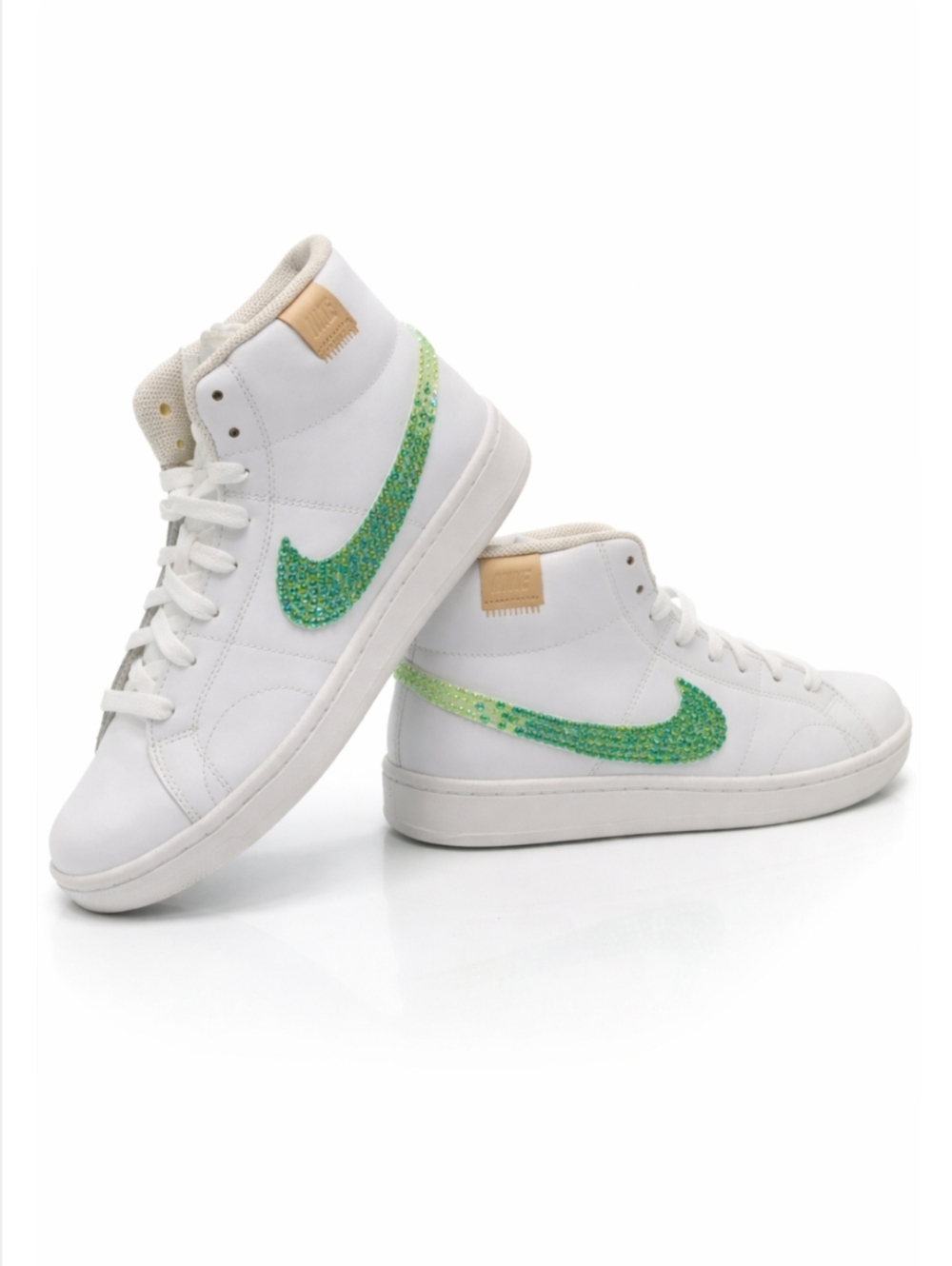 New Nike White High-Top Sneakers with Personalized Green Crystal Swoosh
